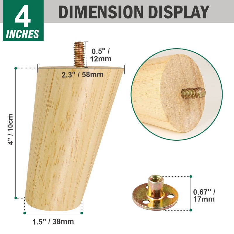 FoDau770 Rubber Wood Furniture Legs 4 Inches, Slant Tapered Wood Legs Mid Century Sofa Legs Set of 4, 5/16"" UNC Furniture Feet Replacement Legs for Cabinet Sofa Couch Dresser Chair Ottoman Table - Image 3